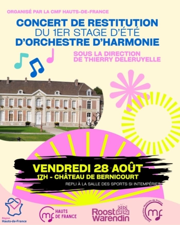 Affiche, Concert de restitution du 1er stage d'été d'orchestre d'harmonie CMF HDF, à Roost-Warendin