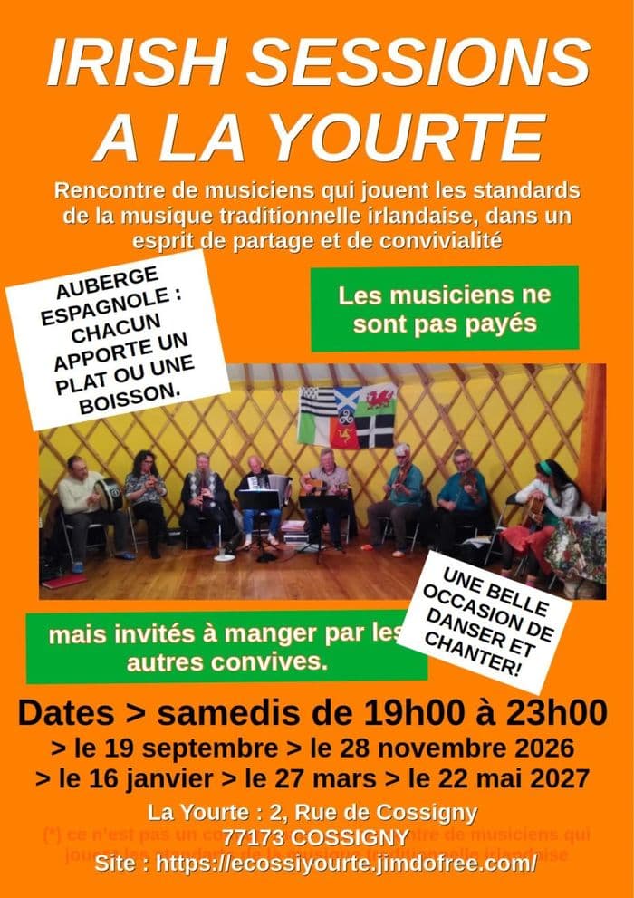 Affiche, Irish session et bal pour débutants à la Yourte de Cossigny 77