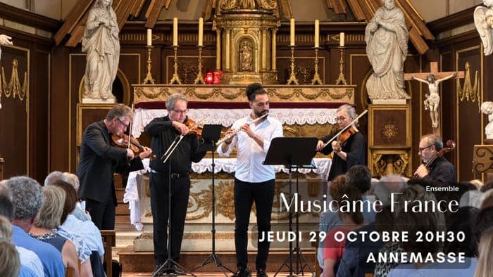 Affiche, Concert à Annemasse : Bach, Vivaldi, Schubert, Rachmaninov, Saint-Saëns, Elgar, Telemann, Williams, Mansell
