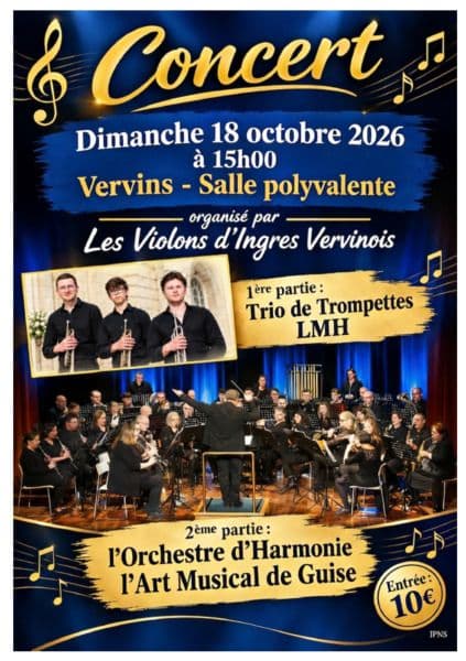 Affiche, Concert de l'Orchestre d'Harmonie l'Art Musical de Guise et du Trio de Trompette LMH