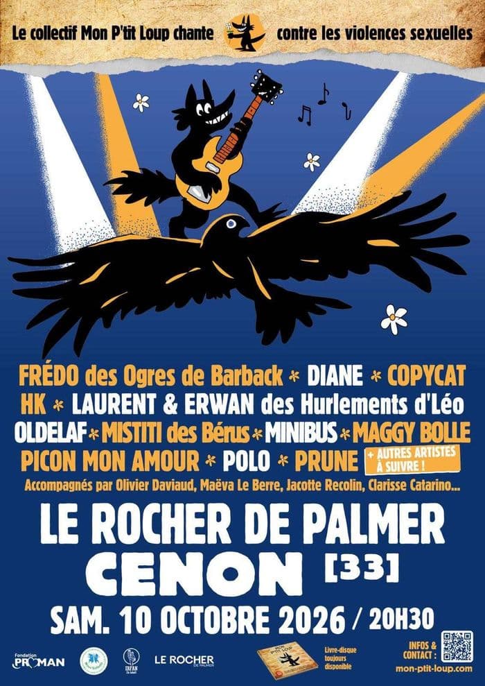 Affiche, 10 octobre 2026 - concert solidaire avec le collectif MON PTIT LOUP à Cenon (33)