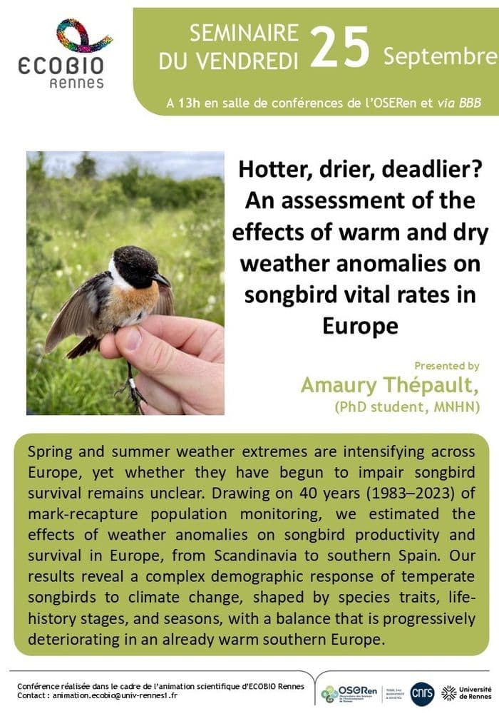 Affiche, Hotter, drier, deadlier? An assessment of the effects of warm and dry weather anomalies on songbird vital rates in Europe