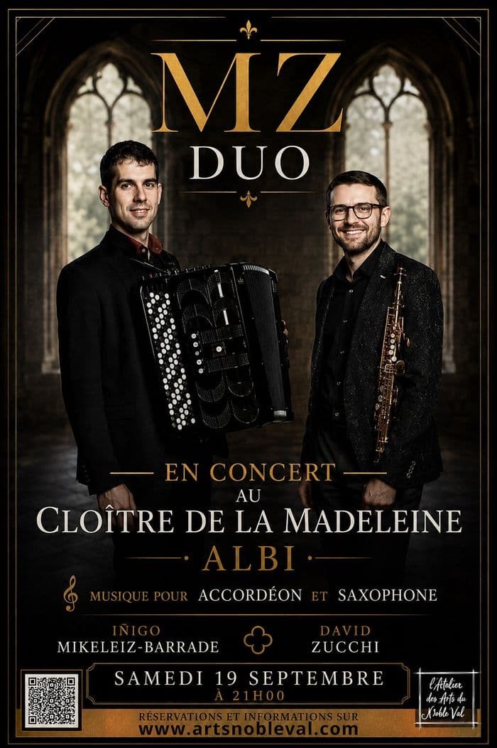 Affiche, MZ Duo en concert au cloître de la Madeleine pour les Journées du Patrimoine