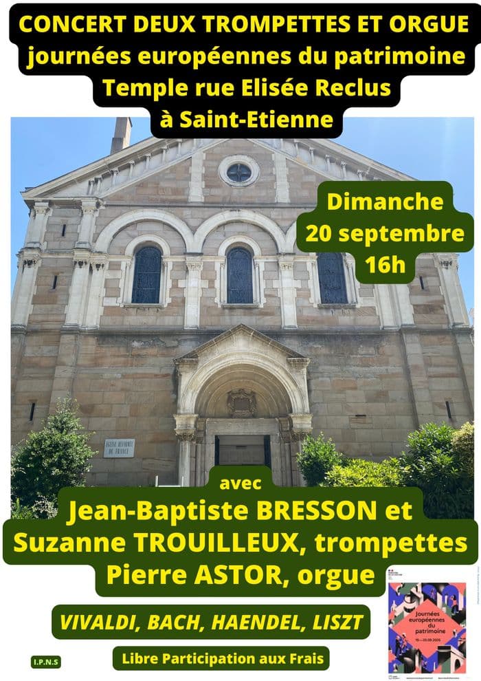 Affiche, Concert 2 trompettes et orgue au Temple de Saint- Etienne