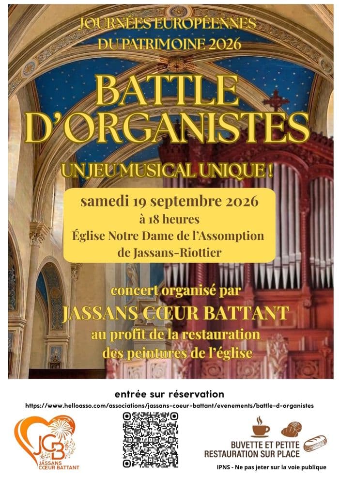Affiche, Battle d'organistes sur l'orgue Merklin-Schütze de 1864, de l'église Notre Dame de l'Assomption de Jassans-Riottier