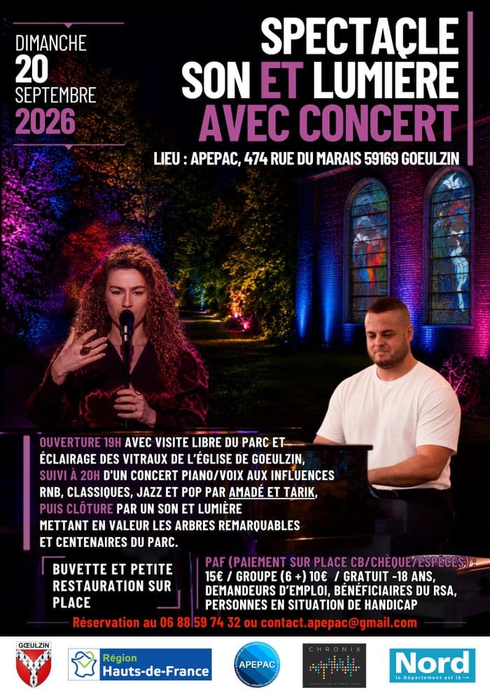 Affiche, Spectacle Son et Lumière avec Concert au siège de l’APEPAC à Goeulzin