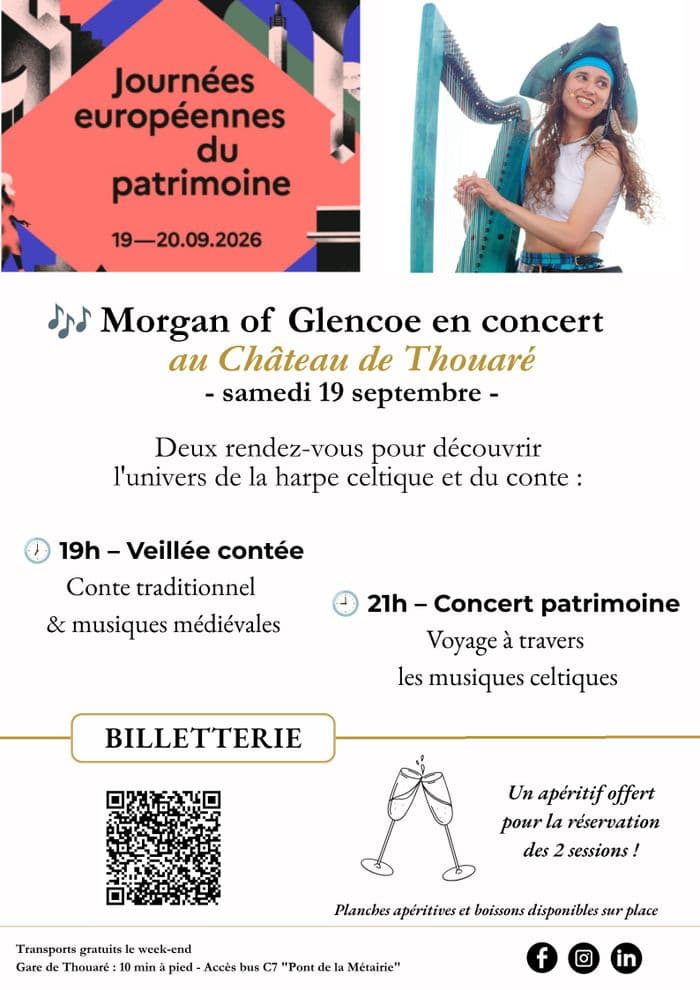Affiche, Concerts de Morgan of Glencoe dans l'univers de la harpe celtique, du chant, et du conte.