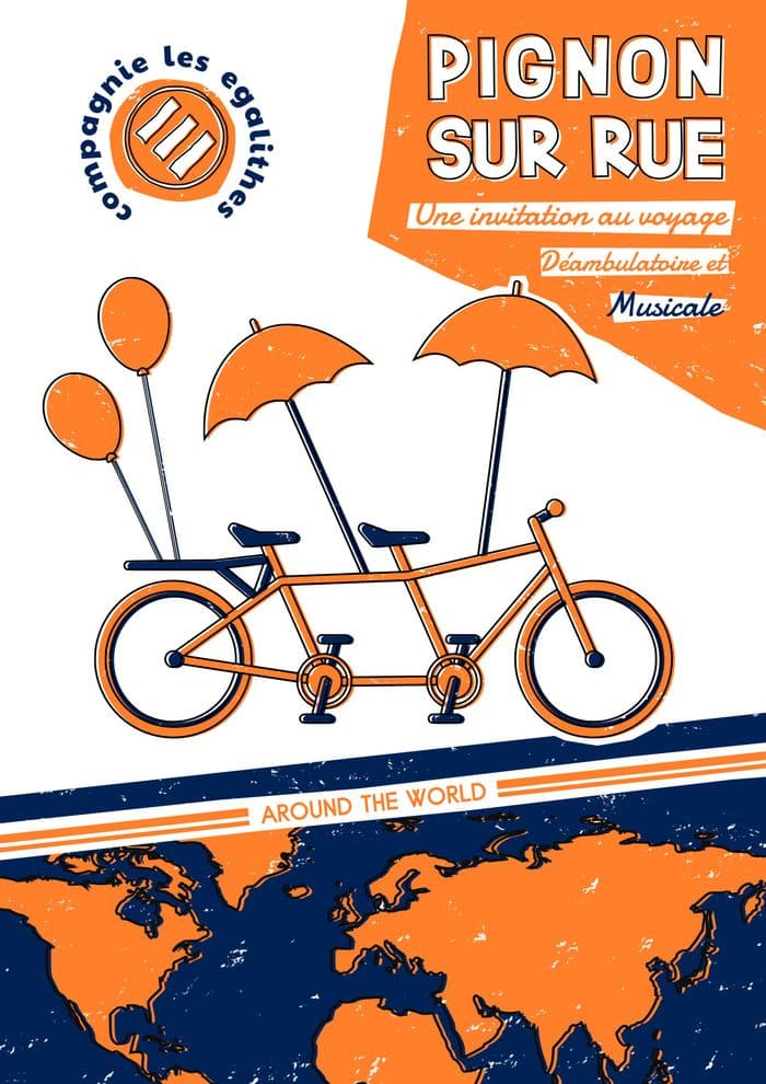 Affiche, Pignon sur Rue, par la Cie Les Egalithes. Dans le musée ou sur l'esplanade, déambulation musicale en tandem.