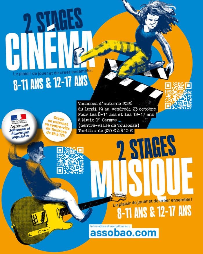 Affiche, Stages musique et cinéma ados à Toulouse octobre 2026