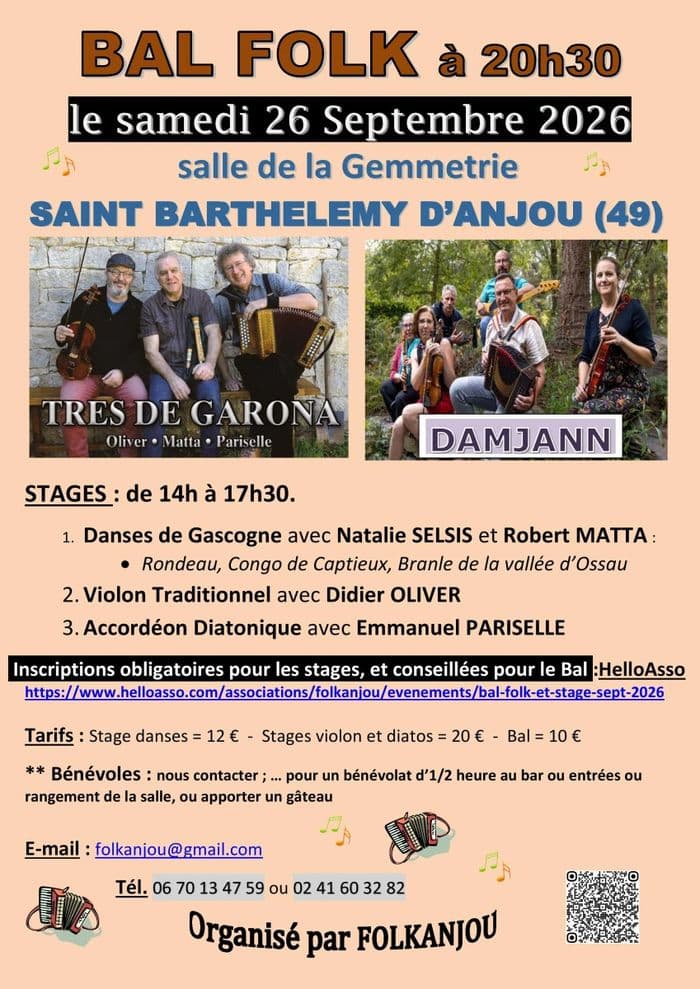 Affiche, Bal Folk, Stage de danses de Gascogne, accordéons,violons, flûte