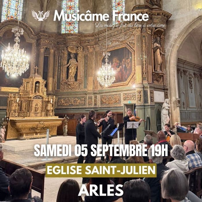 Affiche, Concert à Arles: Ravel, Debussy, Cantemir, Mozart, Wieniawski, Bach, Doppler, Saint-Saëns, Vivaldi