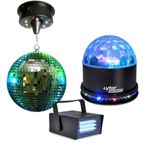 Lytor Boules à facettes 30cm + moteurs 18 LED + Mini strobe + SUNMAGIC