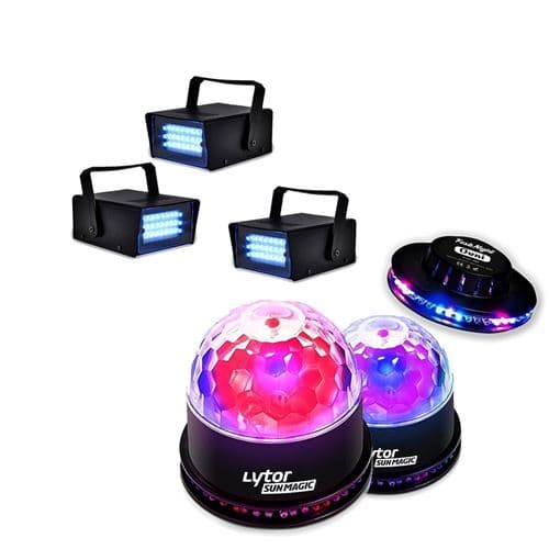 Lytor Soirée FIESTA 2 SUNMAGIC + 3 LED STROBE BLANC + Effet OVNI RVB