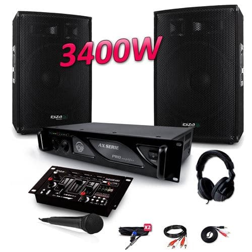 Ibiza Sound SONO 3400W DJ PA Set BAR CLUB BMS-15 + Ampli AC2000 MyDj + Table de Mixage USB MP3 +