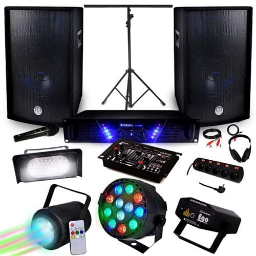 Ibiza Sound Sono + Light Ampli AMP-300 + HP BMS-12 de 2x600W + Pack 4 lumières