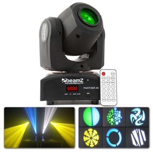 BEAMZ Panther 40 Lyre Spot LED Blanche 45W, faisceau 11°, 5, 9 ou 11 canaux DMX, roue de 7x Gobos, effets 7 couleurs + blanc