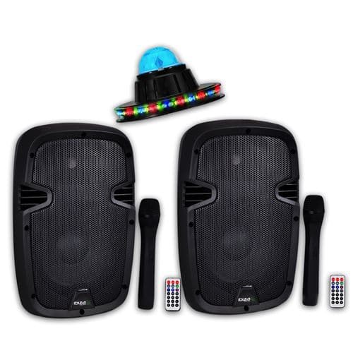 Lytor Système Kit 2 Enceintes Actifs sur Batteries Autonomes 8"/20cm 600W USB/SD/BT + micros VHF HYBRID8VHF-BT + ROUNDIAMS LED RVB