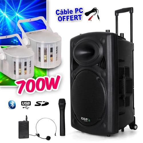 Ibiza Sound PORT12VHF-BT + 2 Derby Kolor LytOr + Câble PC inclus